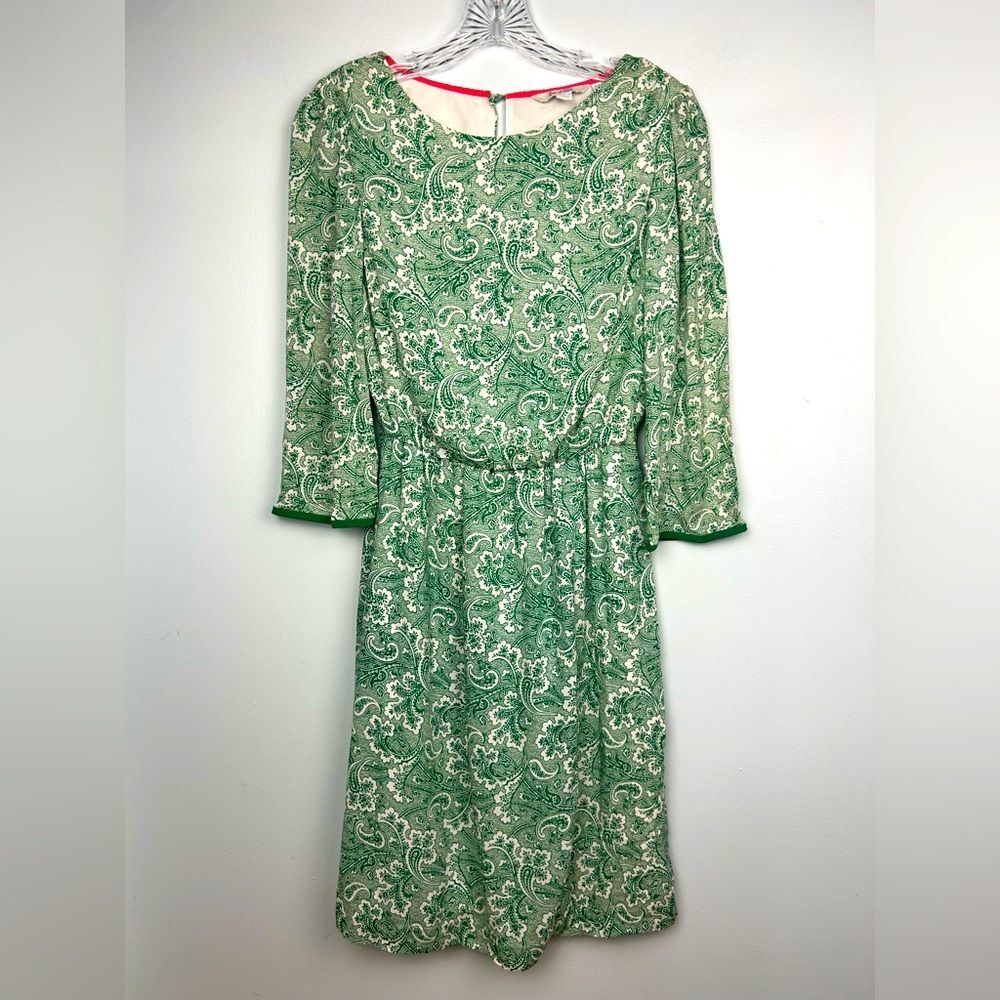 Boden Dolly Day Dress Green Paisley Lined 3/4 Sleeves Gathered Waist Faux Wrap 4